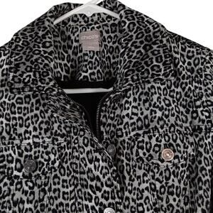 Chico's Brushed Flannel Jacket Womens 0 US 4/6 Gray Leopard Print Stretch Casual